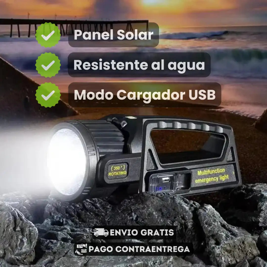 LINTERNA LED - TIPO REFLECTOR - BATERÍA RECARGABLE SOLAR Y USB ➕ENVIO GRATIS